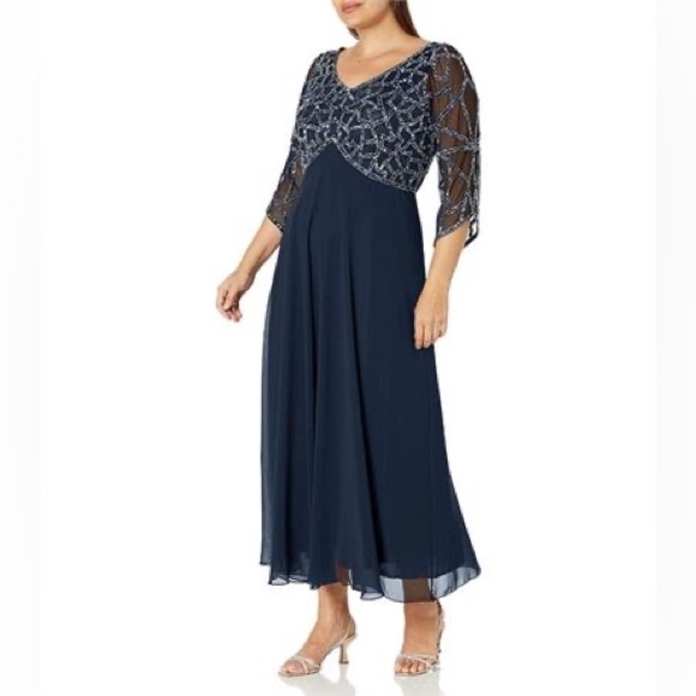 J Kara Women's Plus Size 3/4 Sleeve Geo Beaded Gown Dress Navy 22W